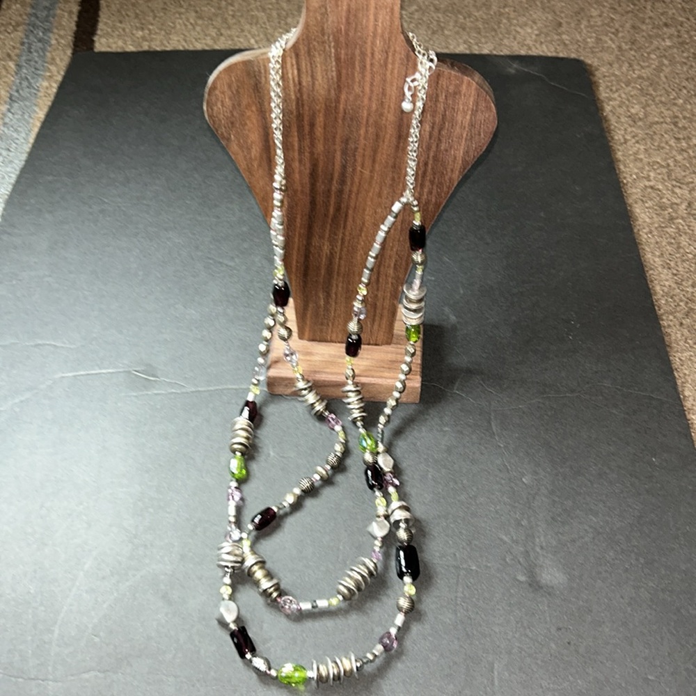 Chicos Beautiful Beaded Purple Green silver Necklace